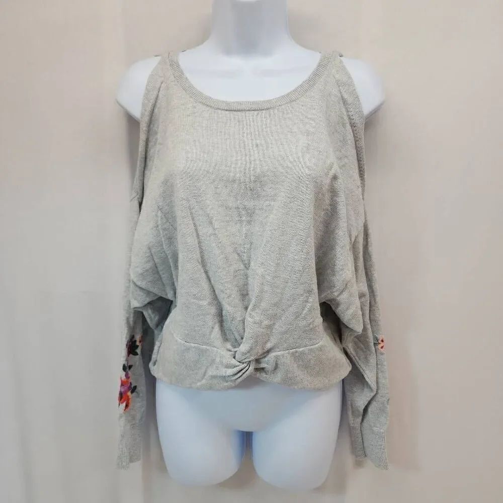 Express Size Small Grey Cold Shoulder with Embroidered Floral Sleeve Comfort Lon